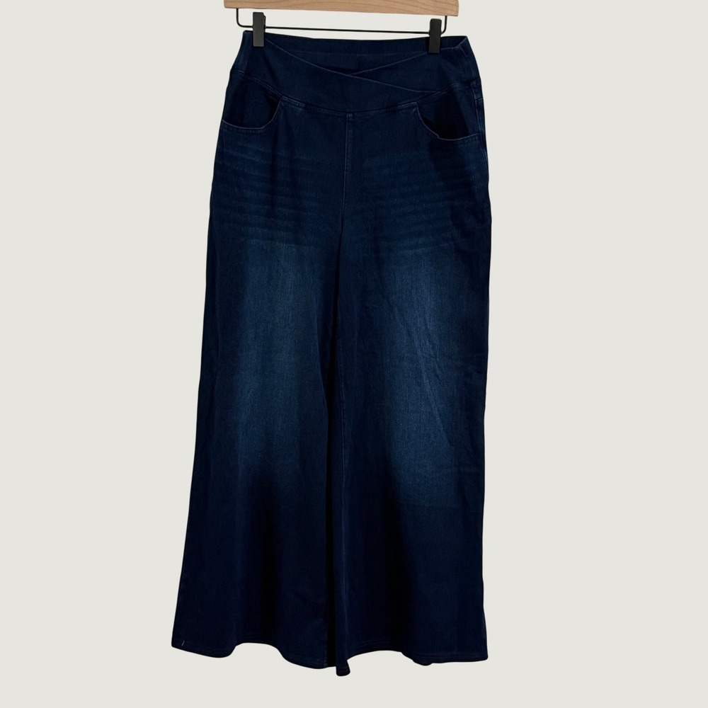 Halara Flex Wide Leg Jeans Womens Large Dark Wash Crossover Waist Stretch Baggy